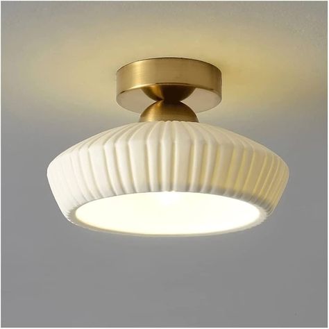 Farmhouse Retro Semi Flush Mount Ceiling Lamp with Ceramic Shade, Modern Lighting Close to Ceiling Light Fixtures for Bedroom Kitchen Porch Hallway Lámpara Colgante (Color : Gold) - Amazon.com Mcm Ceiling Light, Light Mid Century Modern, Dining Room Light Fixtures, Mid Century Modern Lighting, Pendant Lamp Shade, Hallway Kitchen, Metal Lamp, Farmhouse Lighting, Ceramic Pendant