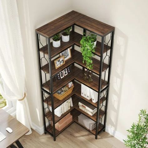 Wayfair | Corner Bookcases You'll Love in 2024 Bookshelf Wood, Corner Shelving, Bedroom Moodboard, Corner Shelving Unit, Corner Bookshelf, Hexagonal Design, Corner Bookshelves, Corner Space, Bookshelf Storage