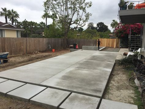 Concrete patio for the backyard right after it was poured. It is a major part of our backyard relandscape with a modern, efficient, mid-century design. Backyard With Cement Patio, Full Concrete Backyard, Mid Century Concrete Patio, Concrete Pads Backyard, Plain Concrete Patio Ideas, Landscape Around Concrete Patio, Backyard Concrete Patio Ideas Cement Outdoor Spaces, Concrete Slabs Patio, Modern Concrete Patio Ideas