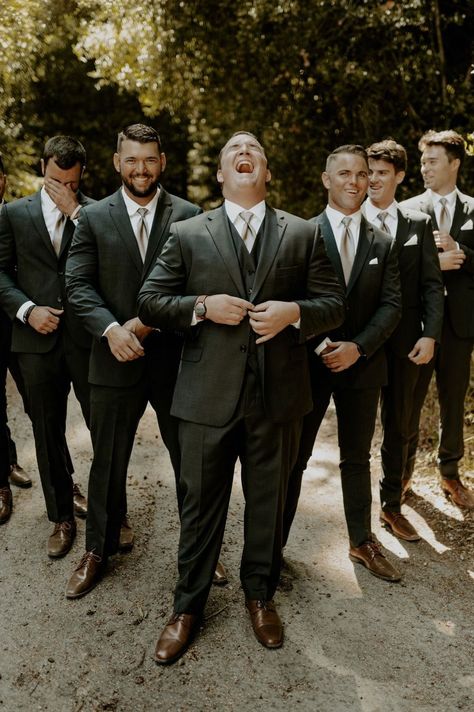 Loved these groomsmen's style at this outdoor wedding in Northern California. There classic dark grey groomsmen suits with silver ties! Dark Grey Groomsmen Suits, Outdoor Woodsy Wedding, Dark Grey Groomsmen, Grey Groomsmen, Forest Wedding Photography, Beach Groom, Gray Groomsmen Suits, Redwood Forest Wedding, Lotr Wedding