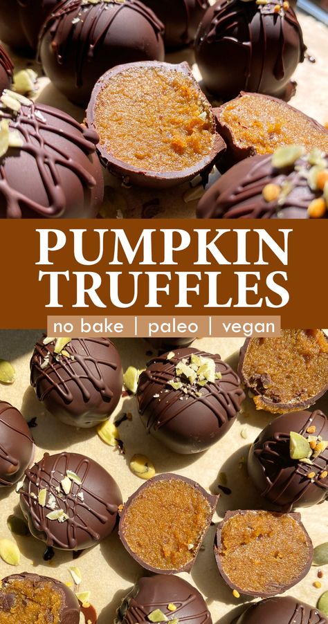 These healthy pumpkin truffles have a creamy pumpkin and date filling that's coated in a rich dark chocolate. They're the perfect no bake fall dessert! This pumpkin truffle recipe is gluten free, dairy free, paleo and vegan. Vegan Truffle Recipe, Paleo Pumpkin Truffles, Healthy Pumpkin Truffles, Paleo Thanksgiving Recipes Dessert, Non Dairy Thanksgiving Desserts, Halloween Healthy Treats, Paleo Fall Desserts, Paleo Halloween Treats, No Bake Fall Desserts