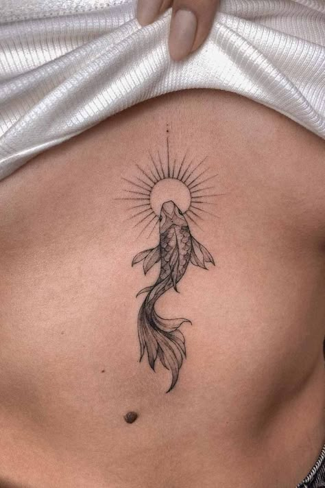 Sun And Koi Fish Tattoo, Meerkat Tattoo Minimalist, Pisces Sun Tattoo, Sun And Moon Koi Fish, Three Fish Tattoo, Koy Fish Tattoo Ideas, Palm Size Tattoos Ideas For Women, Sun Tattoo Ideas For Women, Sun Sternum Tattoo