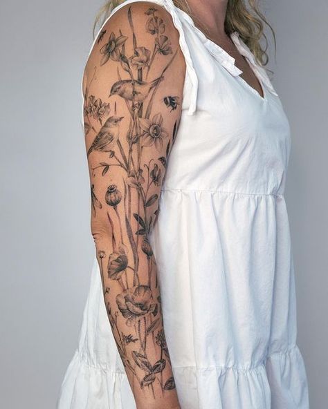 Fine Line Quarter Sleeve Tattoo, Wild Flower Mandala Tattoo, Garden Tattoo Shoulder, Botanical Upper Arm Tattoo, Berry Sleeve Tattoo, Wildflower Arm Sleeve Tattoo, Garden Arm Sleeve Tattoo, Wildflower And Bird Tattoo, Wildflower Sleeve Tattoo Black And White