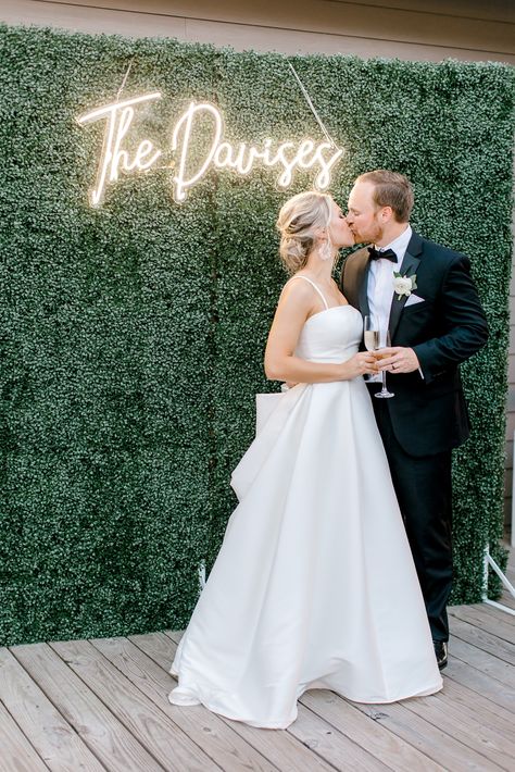 greenery wall wedding last name bride groom Greenery Wall Wedding, Wedding Greenery Wall, Chesapeake Bay Beach Club Wedding, Chesapeake Bay Beach Club, Longest Marriage, White Bridal Gown, Wedding Company, Bella Bridesmaid, Bridesmaids And Groomsmen