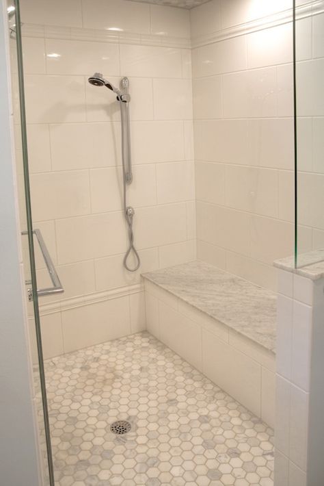 Carrera Hex Shower Floor - Traditional - bathroom - Lamantia Bilik Air, White Ceramic Tiles, Luxury Tile, Master Shower, Bathroom Shower Tile, Bathroom Remodel Shower, Trendy Bathroom, Bathroom Redo, Full Bathroom