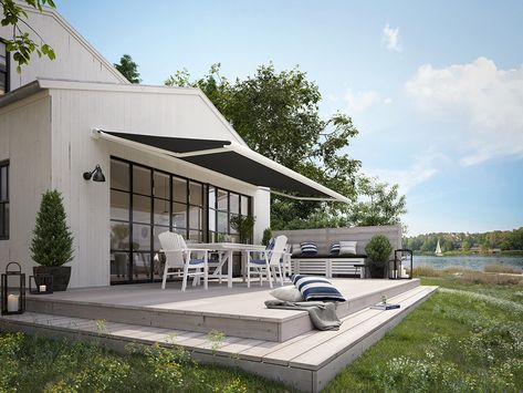 BLACK & WHITE | Do you love to mix and match black and white colors in your outdoor interior? Meet the markilux 990 folding arm awning that is perfect for your style:  ⚫ Compact design: a minimalist profile that fits perfectly in any space, providing shade without overpowering your exterior. ⚪ Effortless operation: smoothly extend or retract the awning with ease, thanks to its smart design and advanced technology. Backyard Retractable Shade Ideas, Sunsetter Retractable Awning, Retractable Shade For Patio, Patio Awning Attached To House, Italy Garden, Pool Paradise, Deck Awnings, Retractable Shade, Retractable Pergola