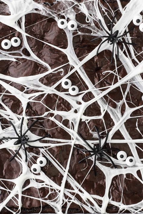 Spider Web Olive Oil Brownies Spiderweb Brownies, Spider Brownies, Spider Web Brownies, Marshmallow Web, Olive Oil Brownies, Oil Brownies, How To Make Spiders, Spider Treats, Black Cocoa Powder