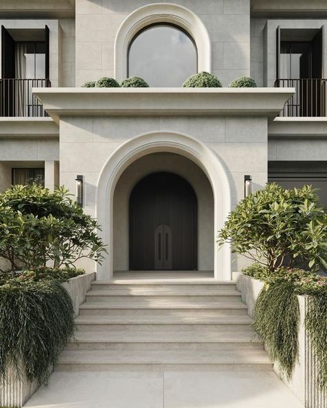 Stone Boundary Wall, Classic House Facade, New Classic Facade, Modern Neoclassical Architecture, Neoclassical Exterior, Boundary Wall Designs, Shelf Detail, New Classic Villa, Classic Entrance