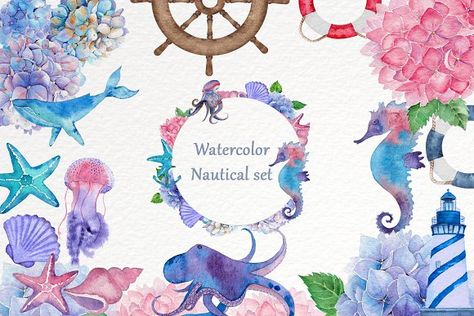 Watercolor nautical set by Pretty light on @creativemarket Ocean Elements, Watercolor Anchor, Watercolor Nautical, Nautical Clipart, Ocean Clipart, Nautical Artwork, Watercolor Ocean, Printable Art Prints, Digital Watercolor