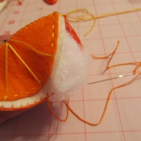 Finish Stitching the Orange, DIY Felt Breakfast Foods Diy Felt Fruit, Felt Orange Pattern, Felt Fruit And Vegetables Diy, Felt Tomato Slice, Diy Felt Breakfast Food, Felt Cupcakes, Felt Food Patterns, Orange Wedges, Classic Breakfast