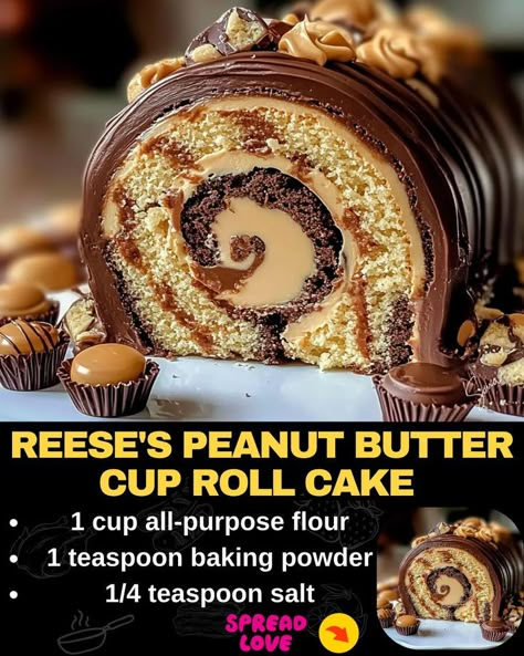 Reese's Peanut Butter Cup Roll Cake Reese Peanut Butter Cake, Reeses Cake, Roll Cake Recipe, Chocolate Peanut Butter Recipes, Reese's Peanut Butter Cup, Cake Roll Recipes, Peanut Butter Roll, Chocolate Roll, Peanut Butter Cake