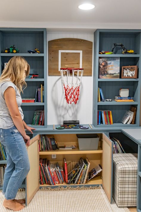 Basement built in shelves Ikea Basement Built Ins, Basement Playroom Built Ins, Basement Pony Wall Ideas, Finished Basement Playroom, Pony Wall Ideas, Basement Built Ins, Basement Refresh, Pine And Prospect, Pine And Prospect Home