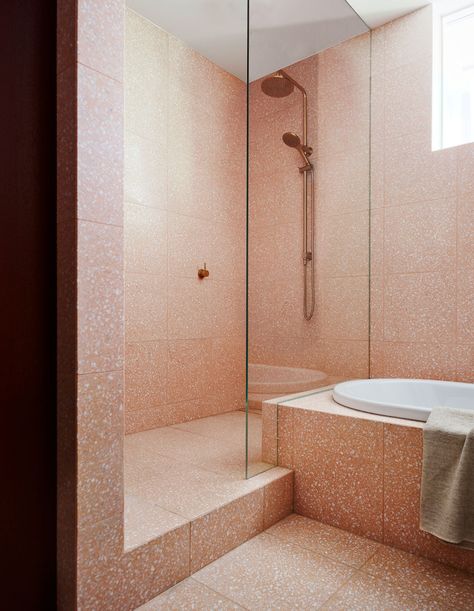 70s Tile Bathroom, Salmon Pink Bathroom, Salmon Bathroom, Pink Terrazzo Bathroom, Terrazzo Tile Bathroom, Terrazzo Bathroom Design, Pink Terrazzo Tile, Bathroom Terrazzo, Farmhouse Apartment Decor