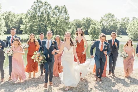 Terracotta Peach Wedding, Peach Bridal Party, Blue And Orange Wedding Party, Summer Terracotta Wedding, Blue And Peach Bridesmaid Dresses, Terracotta Wedding Spring, Terracotta Summer Wedding, Blush Terracotta Wedding, Jake 2024