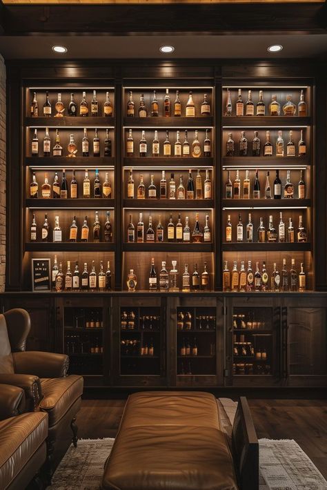 Basement Whisky Bar, At Home Speakeasy Bar, Alcohol Shelf Ideas, Home Whiskey Lounge, Home Whisky Bar, Whisky Bar Home, Bourbon Room Ideas, Whiskey Shelves, Small Wine Room