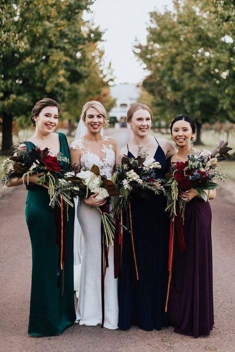 Top 12 Wedding Color Palettes to Warm Your Winter Day--emerald and burgundy, vintage weddings, fall or winter wedding bridesmaid dresses. Romantic Updos, Wine Bridesmaid Dresses, Winter Wedding Bridesmaids, Winter Wedding Color Palette, Emerald Green Bridesmaid Dresses, Fall Bridesmaids, Emerald Bridesmaid Dresses, Bridesmaids Hair, Fall Bridesmaid Dresses