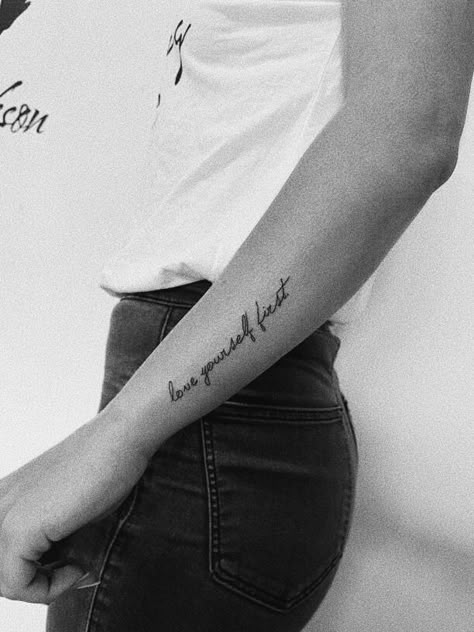 Tattoo On Arm For Women Quote, Tattoo Down Arm Quotes, Side Arm Quote Tattoos For Women, Woman Side Arm Tattoo, Bicep Tattoo Women Quotes, Forearm Writing Tattoo Women, Arm Tattoo Quotes For Women, Arm Writing Tattoos For Women, Quote Arm Tattoo Women