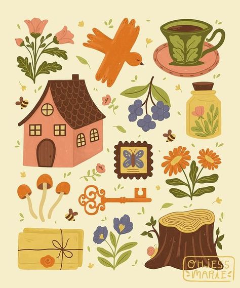 Hygge Illustration, Cottage Illustration, Whimsical Cottage, Woodland Cottage, Cottage Prints, Print And Pattern, Old Key, Cottage Art, Art Hobbies