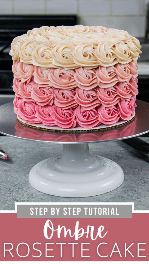 This pink ombre rosette cake recipe is absolutely stunning & surprisingly easy to make! It's made with tender cake layers & homemade buttercream frosting. Rosette Cake Tutorial, Ombre Buttercream, Ombre Rosette Cake, Cake Easy Recipe, Homemade Buttercream, Homemade Buttercream Frosting, Cupcake Images, Rosette Cake, Frosting Tips