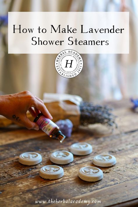 How to Make Lavender Shower Steamers | Herbal Academy | Making these shower steamers is so simple that it makes giving yourself and your loved ones the gift of elevated self-care easy. Natural Self Care Products, Hygge Diy Projects, Epsom Salt Shower Steamers, Diy Eucalyptus Shower Steamers, Self Care Diy Gifts, Diy Natural Gifts, Diy Self Care Ideas, Diy Self Care Products, Dried Lavender Uses