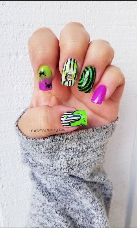 Beetlejuice Nails, Harry Potter Nail Art, Harry Potter Nails, Cartoon Nails, Beetle Juice, Beetlejuice Beetlejuice, Halloween Nail Designs, Halloween Nail, Stamping Ideas