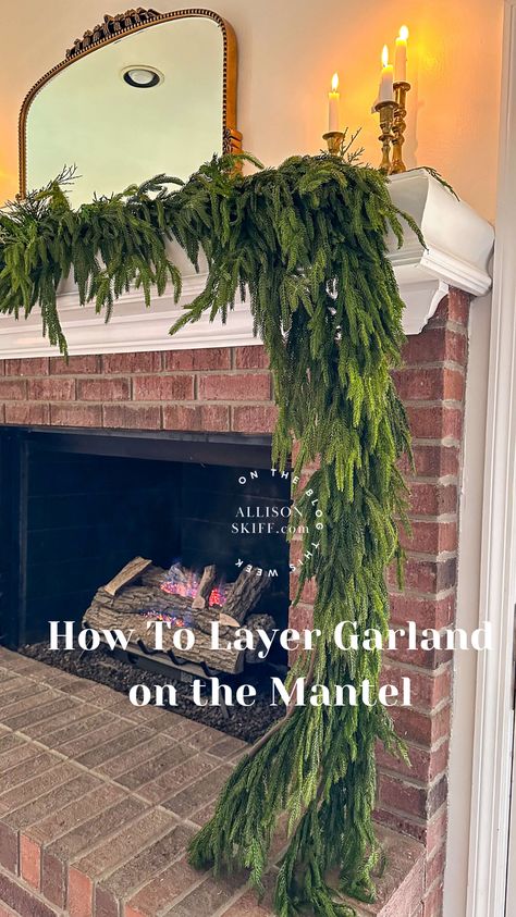 Have you been dreaming of a beautiful sweeping garland design for your mantel? Follow my step-by-step tutorial for how I created an asymmetrical garland design on my fireplace this Christmas. I breakdown how many pieces I used, how I secure them and my exact sources to achieve this look. Diy Garland For Mantle, Garland Mantel Christmas, Diy Wreath From Garland, Layering Christmas Garland, Swag Garland Christmas, How To Layer Garland On Mantel, Large Christmas Garland, Mantel Christmas Garland, Fireplace Mantel Garland