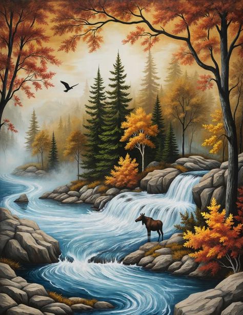 Bring the tranquil beauty of autumn wilderness into your home with this captivating fine art print. This professionally artwork captures a serene forest waterfall scene in the height of fall colors. Vibrant amber and crimson maple trees frame the composition, with evergreen pines providing rich contrast against the golden foliage. A solitary moose stands contemplatively by the rushing turquoise waters, while morning mist creates a dreamlike atmosphere throughout the forest. A bird soars through the scene, completing this peaceful wilderness moment. Digital Files Included: Technical Specifications: Resolution: 2550 x 3300 pixels (8.5" x 11" at 300 DPI) Print Quality: 300 DPI professional standard File Format: JPG Color Profile: sRGB Optimal Print Size: 8.5" x 11" (Letter) Digital Files Incl Moose Wall Art, Autumn Waterfalls, Nature Home Decor, Forest Waterfall, Fall Forest, Cabin Art, Maple Trees, Nature Home, Morning Mist