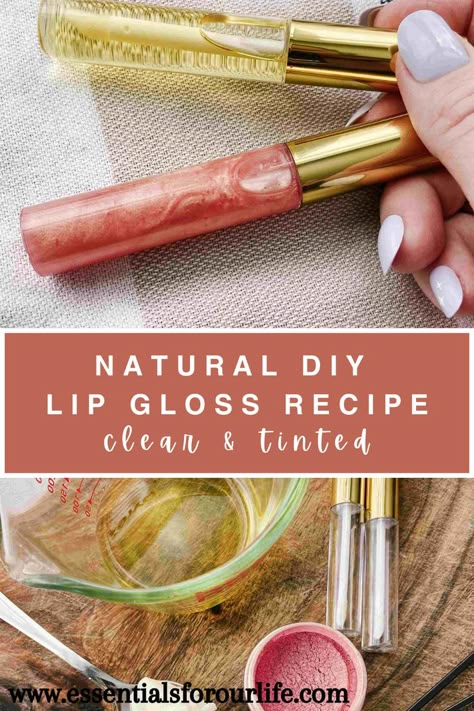 This homemade natural lip glass recipe is such an easy recipe and is made without wax! Not only is this a quick recipe to make, but it looks great and feels great on your lips. Find recipes for both a natural, clear lip gloss and a tinted lip gloss. Whichever recipe you use, the outcome will be a moisturizing lip gloss with that glossy finish we all love! Diy Lip Moisturizer Recipes, Diy All Natural Lip Gloss, Easy Things To Make Homemade, Lip Moisturizer Diy Homemade, Essential Oil Lip Gloss, Lipgloss Diy Recipes Natural, Lip Tint Recipe, Diy Young Living Recipes, Diy Tinted Lip Gloss