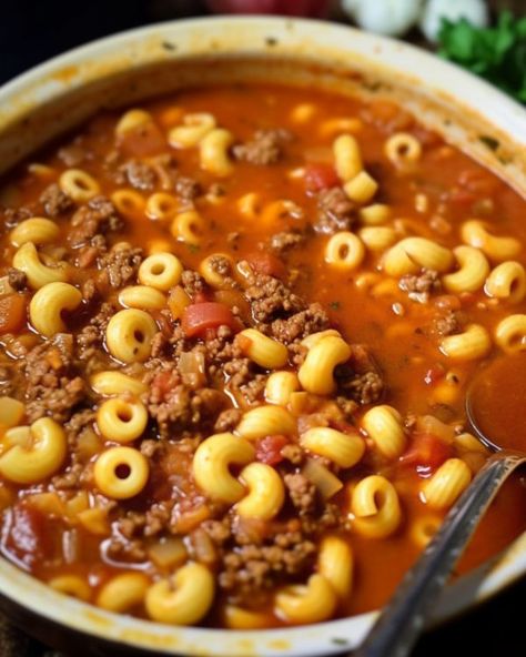 This dish was my jam back in the day—I'd bug my mom nonstop to cook it for me Beef Macaroni Soup, Macaroni Soup Recipes, Beef Macaroni, Macaroni Soup, Fast Meals, Beef Soup Recipes, Homemade Soup Recipe, Beef Casserole Recipes, Beef Soup