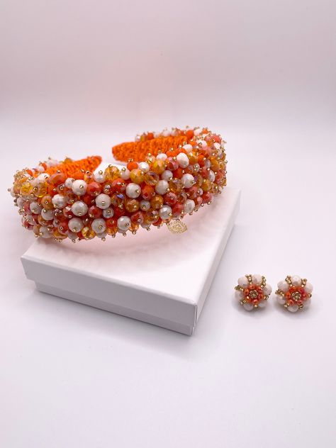 Embroidered Headband, Headband Diy, Bead Decor, Embellished Headbands, Hair Gift, Jeweled Headband, Orange Crystals, Beaded Headband, Boutique Logo