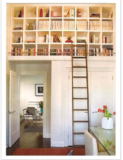 No wasted space. This would be perfect for the new bedroom with vaulted ceilings |Pinned from PinTo for iPad| High Storage Ideas, Book Loft, Loft Library, High Ceiling Bedroom, High Storage, Library Ladder, Ceiling Storage, Contemporary Ceiling, Tall Ceilings