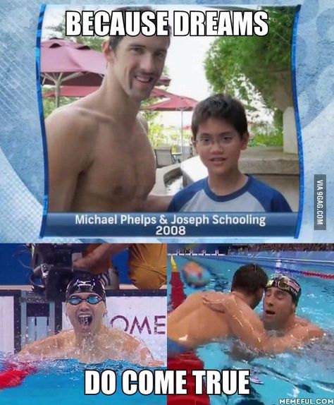 Joseph Schooling beats Michael Phelps in 100m butterfly and wins Singapore's first ever Olympic gold. - 9GAG Swimmer Memes, Swimmer Quotes, Swimming Jokes, Swimmer Girl Problems, Swimming Funny, Swimming Motivation, Swimming Memes, Swimming Pictures, Swimmer Problems