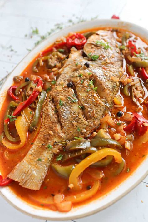 Jamaican Steamed Fish Red Snapper, Steam Fish Recipe Jamaican, Salt Fish Recipe Jamaican, Jamaican Steamed Fish, Baked Pork Loin Chops, Jamaican Fish, Salt Fish Recipe, Baked Pork Loin, Steamed Fish Recipes