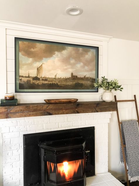 The Samsung Frame TV - Home on Mount Forest Frame Tv On Mantle, Samsung Picture Frame Tv Over Fireplace, Framed Tv Over Mantle, Samsung Frame Over Fireplace, Frame Tv Over Mantle, Picture Tv Above Fireplace, Frame Tv Above Mantle, Frame Tv Mantle Decor, Mantle Decor With Frame Tv