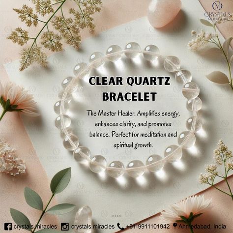 ✨ Clear Quartz Bracelet: The Master Healer ✨ Discover the powerful benefits of Clear Quartz, known as the “Master Healer” among crystals. This elegant bracelet not only enhances your style but also brings a myriad of positive energies into your life. Please DM or Call us on +91-9911101942 for more details. #clearquartz #clearquartzcrystal #clearquartzcluster #clearquartzjewelry #clearquartzcrystals #crystalhealing #crystalbracelet #crystalbracelets #healingbracelets #crystalmeditation #cry... Clear Quartz Benefits, Clear Quartz Crystal Meaning, Quartz Crystal Meaning, Grey Witch, Clear Quartz Jewelry, Clear Quartz Bracelet, Crystal Healing Stones, Crystal Meanings, Elegant Bracelet