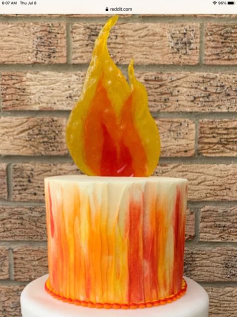 Flame Birthday Cake, Buttercream Flames On Cake, Flame Frosting, Flame Cake Ideas, Fireball Cake Design, Fire Birthday Cake, Fire Themed Cake, Fire And Ice Cake, Flame Cake