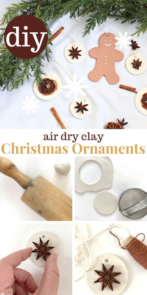 DIY Christmas Ornaments using Air-Dry Clay and natural elements like anise seed stars, dried oranges and more. Easy to make Christmas craft ideas for DIY holiday decorations. Diy Air Dry Clay Christmas Ornaments, Star Anise Ornaments, Natural Christmas Ornaments Homemade, Clay Ornaments Diy Christmas Decorations, Air Dried Clay Christmas Decorations, Air Dry Clay Christmas Ideas, Air Clay Ornaments, Diy Clay Ornaments Christmas, Air Dry Clay Ornaments Diy