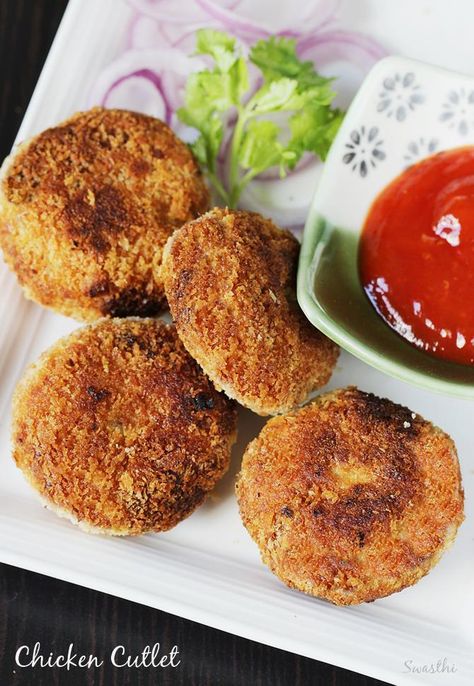 Chicken cutlet recipe with step by step photos. Delicious crunchy chicken tikki made with simple ingredients, a good snack or a starter Chicken Patty Recipes, Cutlet Recipes, Ramzan Special Recipes, Chicken Cutlet Recipes, Aloo Tikki, Chicken Cutlet, Indian Chicken Recipes, Chicken Snacks, Iftar Recipes