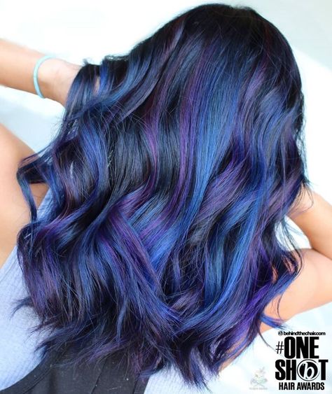 Deep Blue And Purple Hair, Blue And Purple Balayage, Purple And Blue Highlights, Vivid Color Hair, Hairstyles Ideas For Long Hair, Hair Color Combos, Purple And Blue Hair, Purple Hair Streaks, Blue And Purple Hair