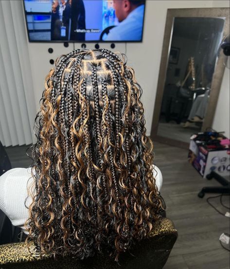 follow @mayascore for more Bohemian Braids Blonde And Black, Blond And Black Boho Knotless Braids, Braids On Highlighted Hair, Different Boho Braid Styles, Braids For Black Women Blonde And Black, Braided Hairstyles Boho Braids, Boho Not Less Braids With Color, Braided Hairstyles Black And Brown, Black Boho Braids With Brown Curls