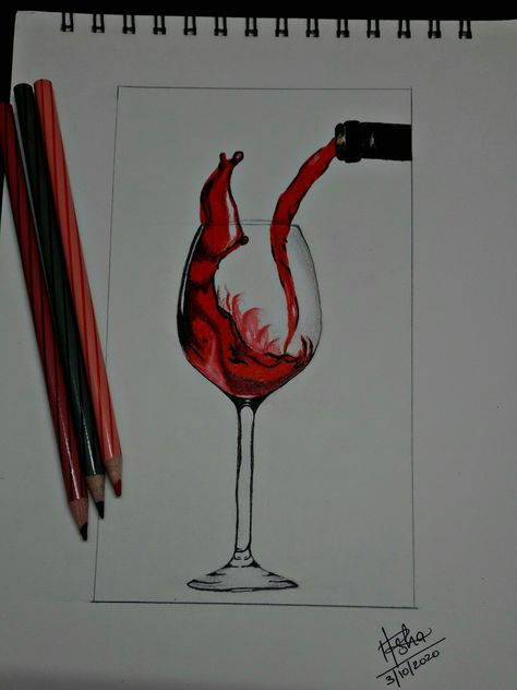 Drawing With Red Pencil, How To Draw A Glass Of Wine, Black And Red Art Drawing, Wine Glass Drawing Pencil, Red Wine Painting, Wine Drawing Sketches, Glass Of Wine Drawing, Wine Art Drawing, Red Wine Drawing