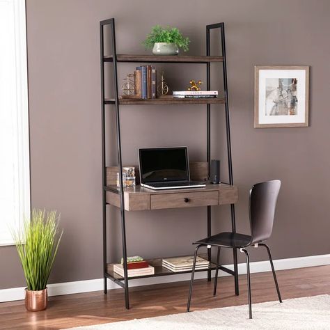 Trent Austin Design® Hedgepeth Ladder Desk | Wayfair Small Space Desk, Simple Home Office, Open Storage Shelves, Ladder Desk, Desks For Small Spaces, Desk With Storage, Wood Ladder, Grey Desk, Desk Supplies