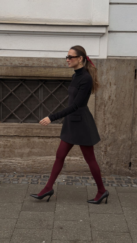 An elevated everyday look. The dress for every season whether it be winter or summer. She's the perfect LBD you've been dreaming of. Black Dress Red Tights, Red Tights Outfit, Colourful Tights, Strapless Dress Black, Outfit Inso, Red Tights, Colored Tights, 2024 Style, Red Cherry