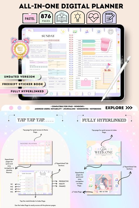 Minimalist Digital Planner | iPad & Samsung | Undated, Daily, Weekly, Monthly | PDF Template #dig... College Planner Printables, Business Planner Printables, Planner Monthly Layout, Exam Planner, Minimalist Digital Planner, Best Digital Planner, Free Planner Templates, Free Digital Planner, Student Planner Printable