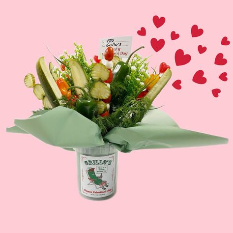 Grillo's Pickles - Crisp. Clean. Fresh. Pickle Bouquet, Beef Jerky Bouquet, Valentine's Day Food, Chocolate Fudge Icing, Food Bouquet, Dark Chocolate Almonds, Edible Arrangements, Valentines Day Food, Fondue Set