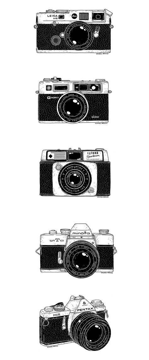 Vintage Cameras on Behance Vintage Camera Illustration, Old Camera Drawing, Vintage Camera Wallpaper, Polaroid Camera Tattoo, Film Camera Tattoo, Photography Tattoo Ideas, Vintage Camera Drawing, Draw Camera, Vintage Camera Tattoos