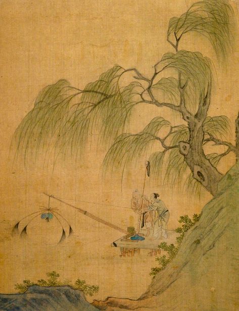 Two figures fishing under willow tree, from album of paintings Under Willow Tree, Experiential Art, Mediterranean Art, Willow Trees, Harvard Art Museum, Art Museums, Eastern Art, Korean Art, Japanese Painting