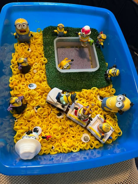 Minions Sensory Bin, Cooked Pasta, Sensory Bin, Sensory Bins, Sensory Play, How To Cook Pasta, Minion, Pasta, Minions