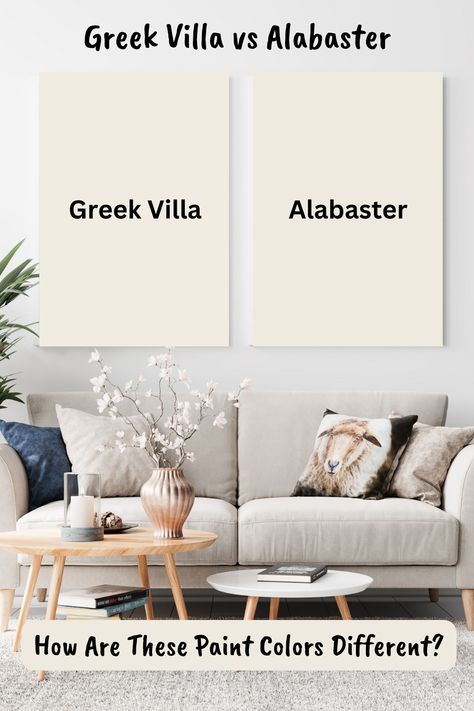 Choosing between Greek Villa and Alabaster paint? Let our guide help you distinguish these popular whites. Delve into the undertones, lighting effects, and ideal settings for each to determine which serene shade will best brighten up your walls. Transform your space with the perfect white that reflects your style. Greek Villa Bedroom Ideas, Mediterranean White Paint Color, Alabaster Bedroom Walls, Accessible Beige And Greek Villa, Alabaster Vs Swiss Coffee, Alabaster Interior Walls, Alabaster Walls And Trim, Alabaster Vs Greek Villa, Alabaster White Walls