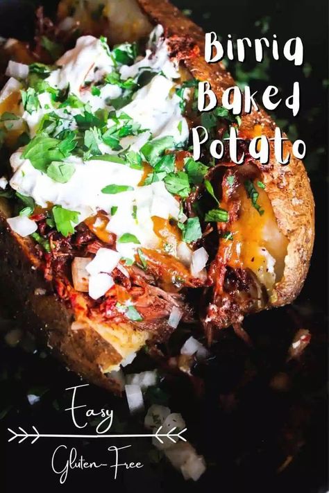 Don't let a single bit of birria go to waste. Use up your leftovers to make this birria baked potato loaded with cheese, white onion, and cilantro. Naturally gluten-free and dairy-free adaptable. #birriabakedpotato #birria #bakedpotato #stuffedbakedpotato #beefbirria Baked Potato Loaded, Potato Loaded, Mexican Steak, Mexican Stew, Stuffed Baked Potatoes, Gluten Free Sides Dishes, Baked Potato Recipes, Creamed Potatoes, Loaded Potato